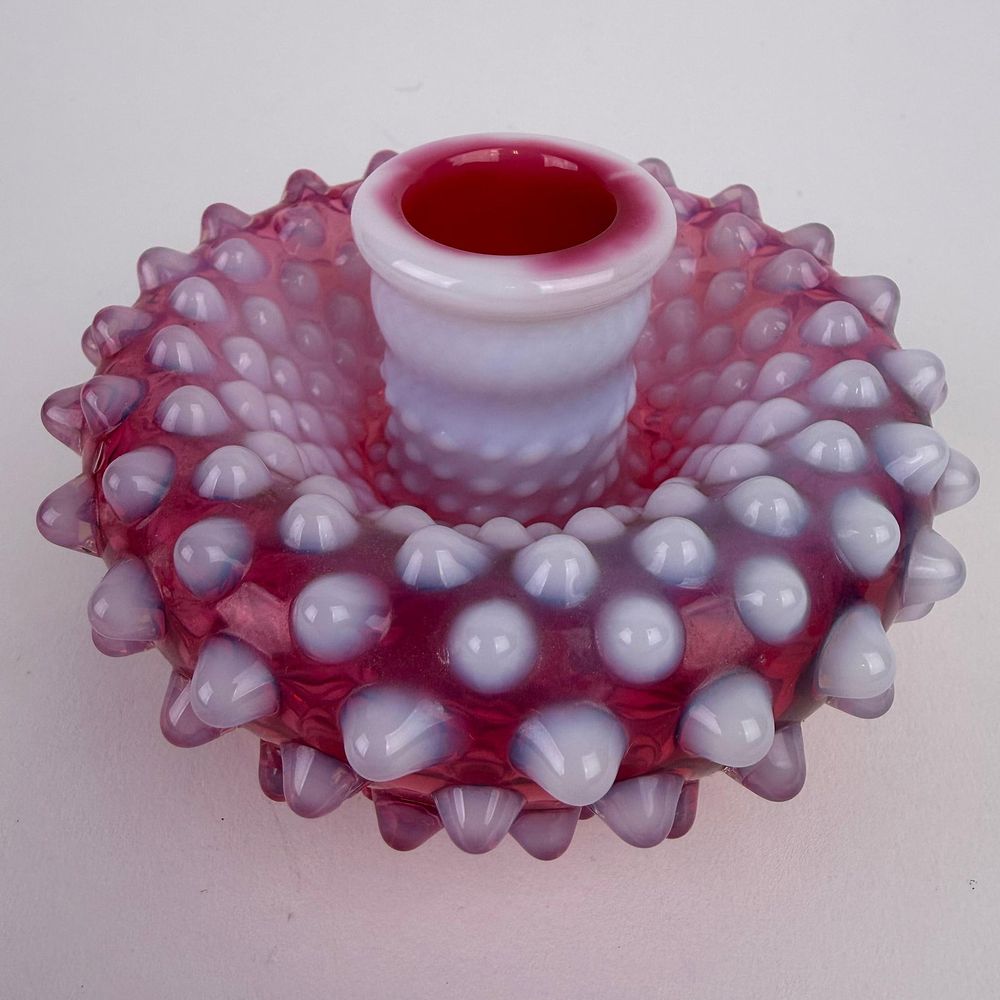 Lot 482: Fenton Cranberry Opalescent Hobnail Glass Candleholder Broken