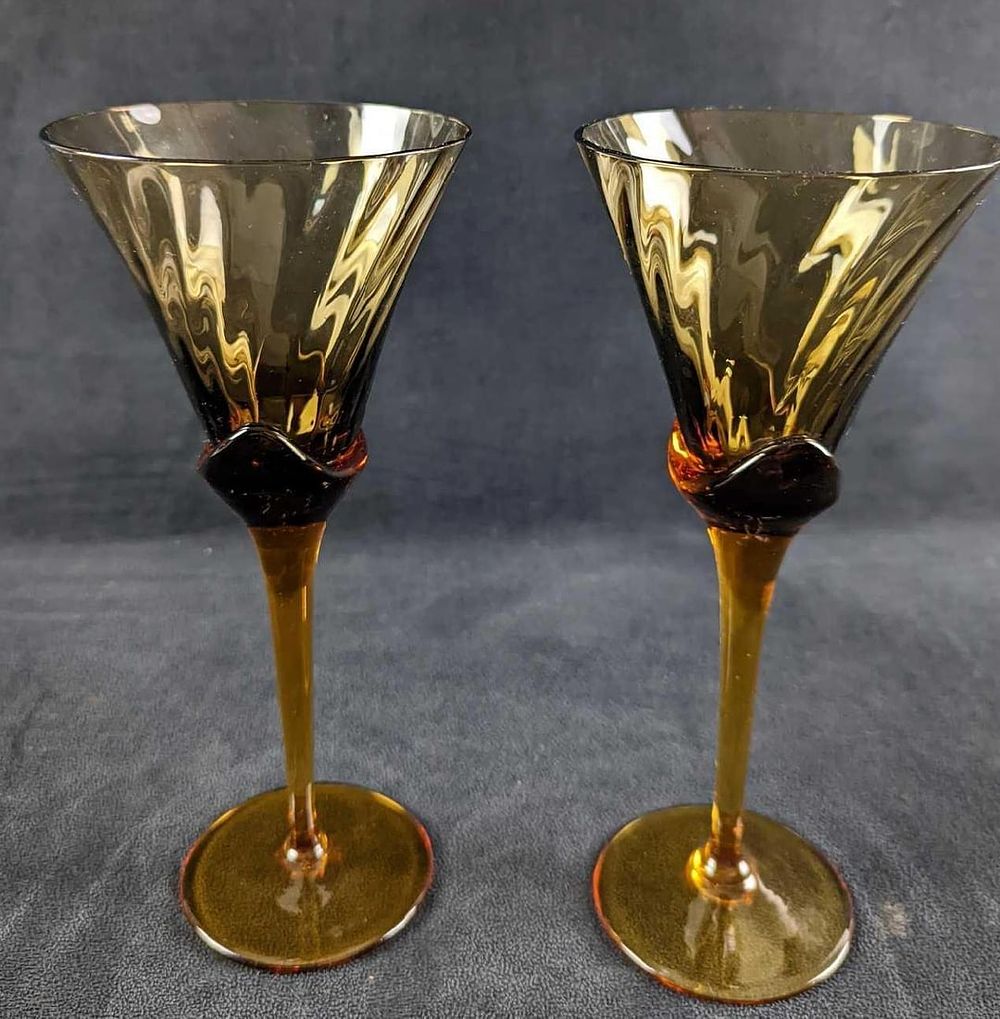 Lot 159: JB 2 Mikasa Amber Crystal Blossom Wine Glasses