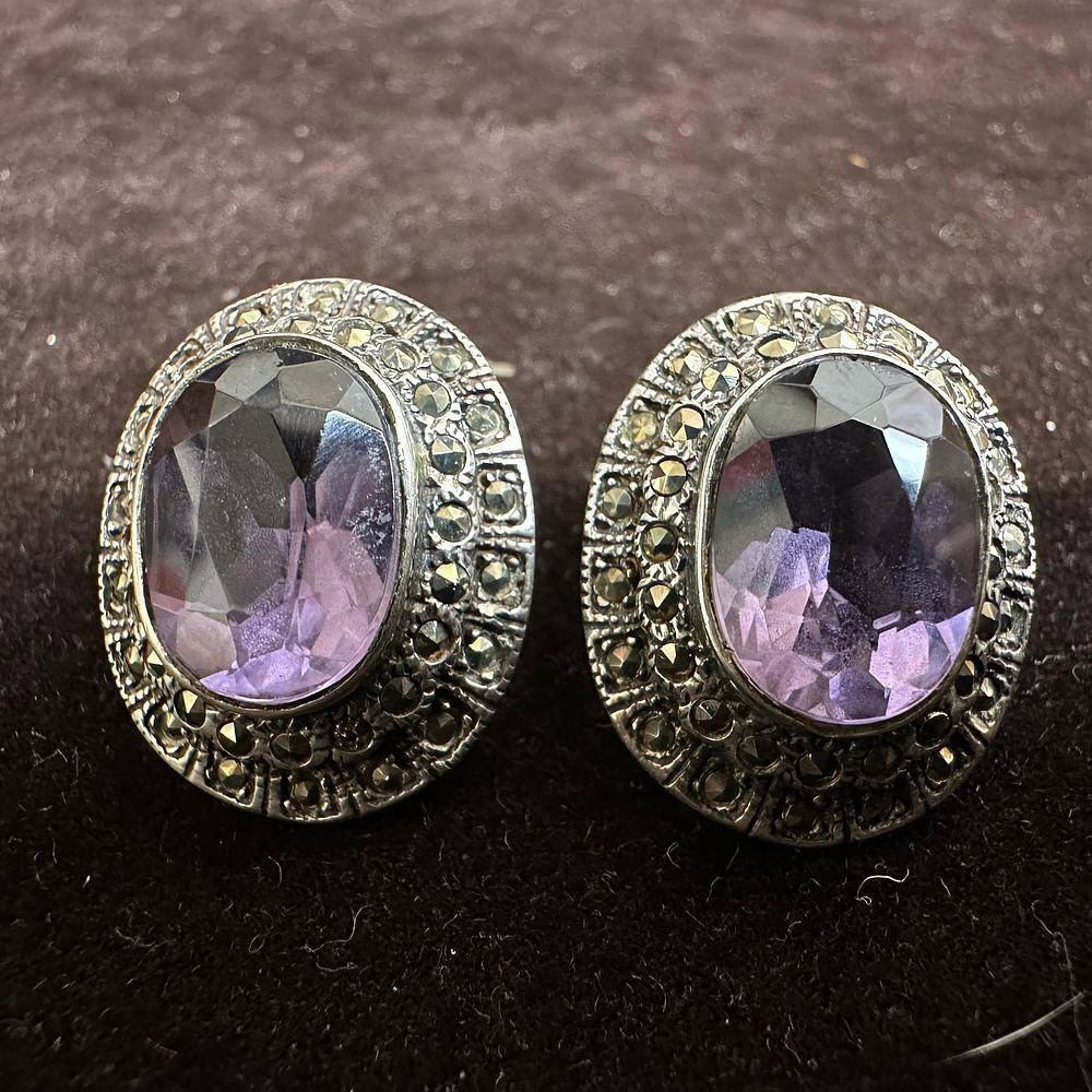 Lot 161: Amethyst Setting and Marcasite Encrusted 925 Sterling Clip On Earrings R5
