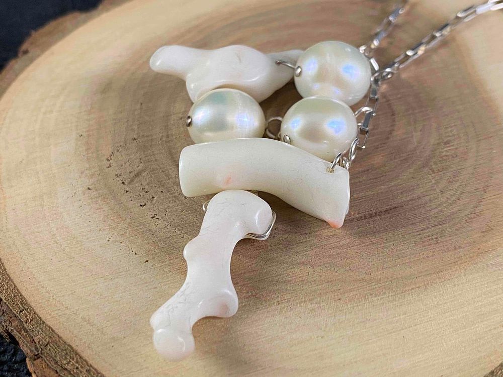 Lot 192: Vintage Pearl & White Coral Branch Sterling Necklace W/ Earrings