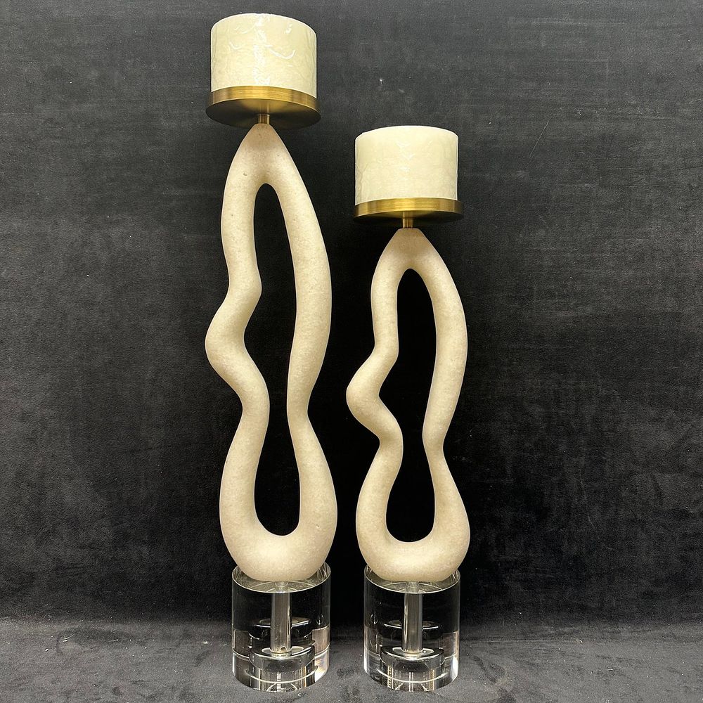 Lot 224: Modern Sculptural Stone Composite and Crystal Glass Candle Holders with Brass Accents Pair
