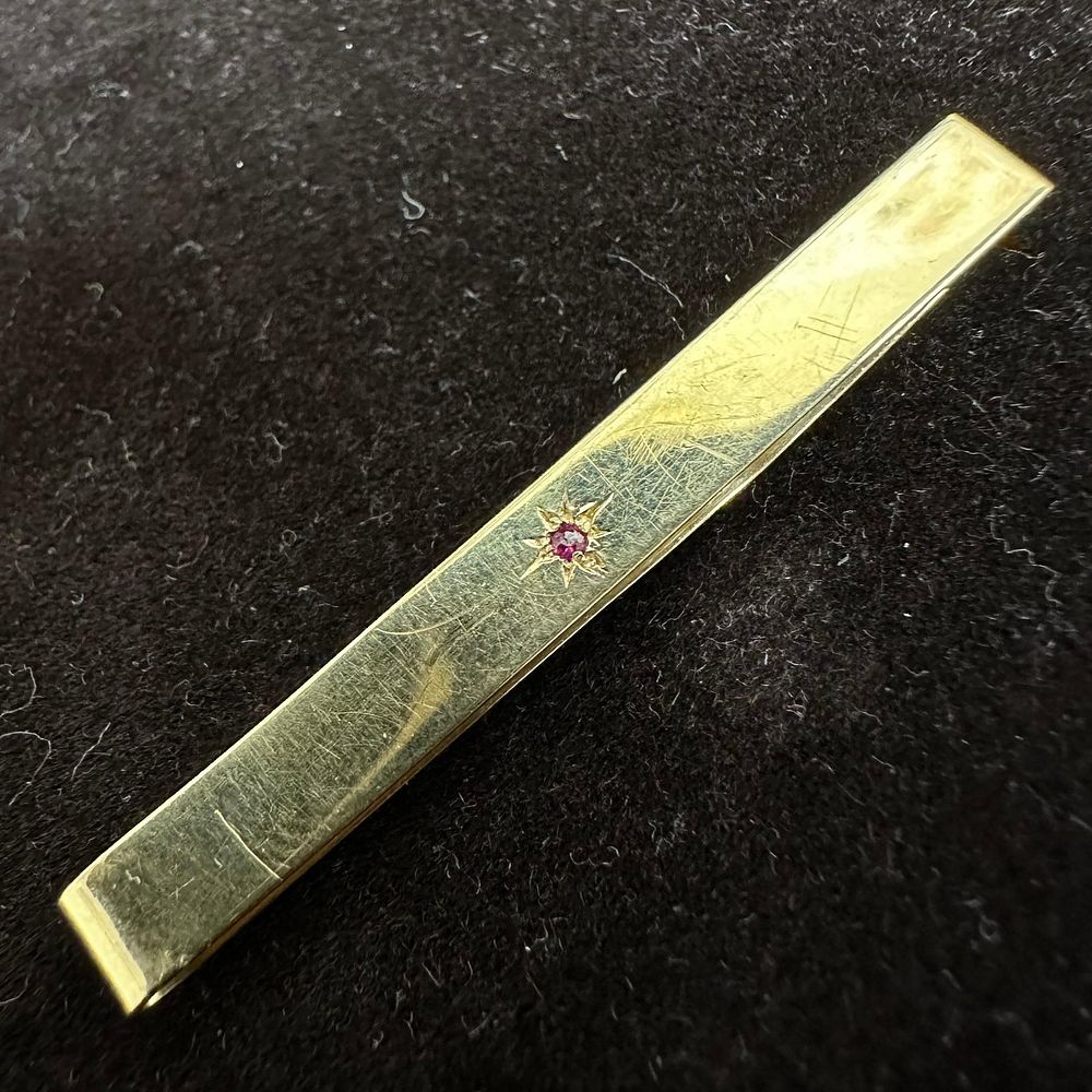 Lot 235: WEH 14K Yellow Gold Tie Bar Clip Sapphire Accent