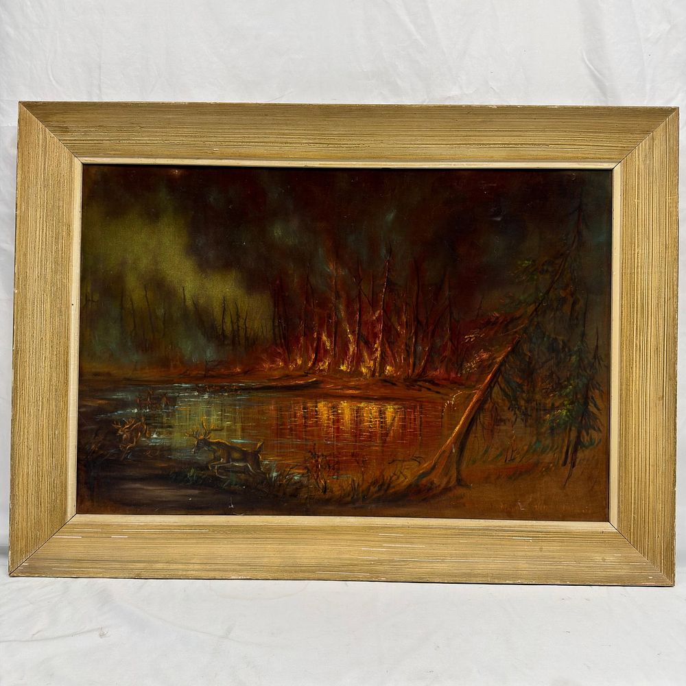 Lot 236: Martha Helen Williams Forest Fire and Deer Oil on Velvet Painting Original Signed
