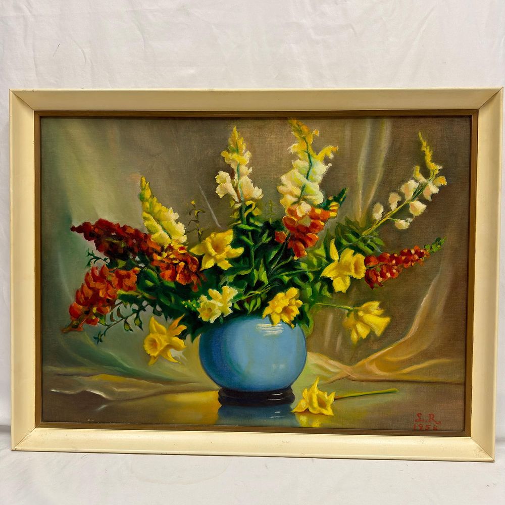 Lot 237: 1958 Signed Floral Still Life Oil Painting Unknown Artist Artwork