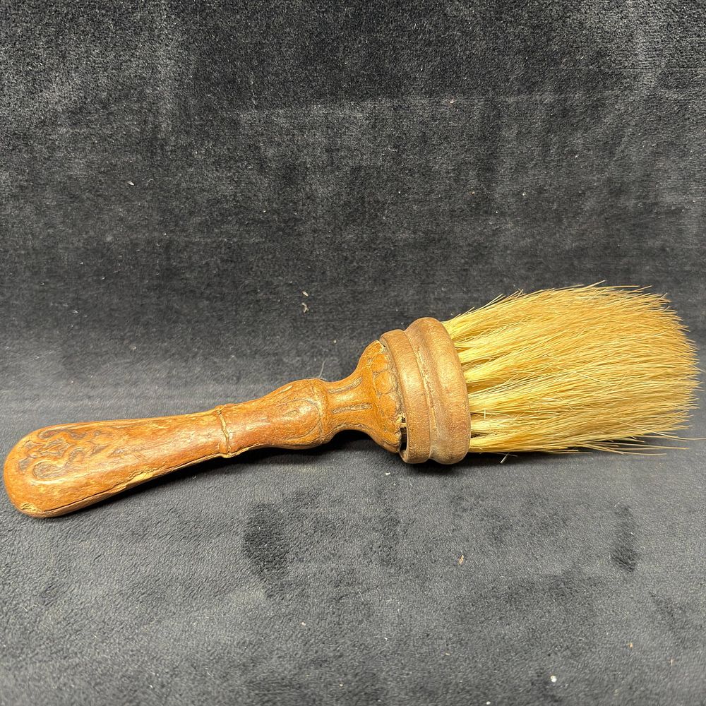 Lot 239: Antique Barber Rotating Shaving Neck Brush Duster with Carved Wooden Handle