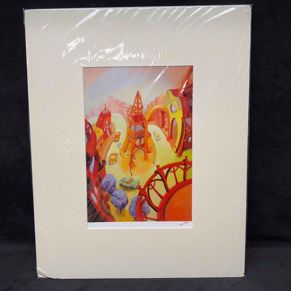 Lot 254: Suro Kim Print Signed Surrealistic Car Through Winding Roads Street Scene