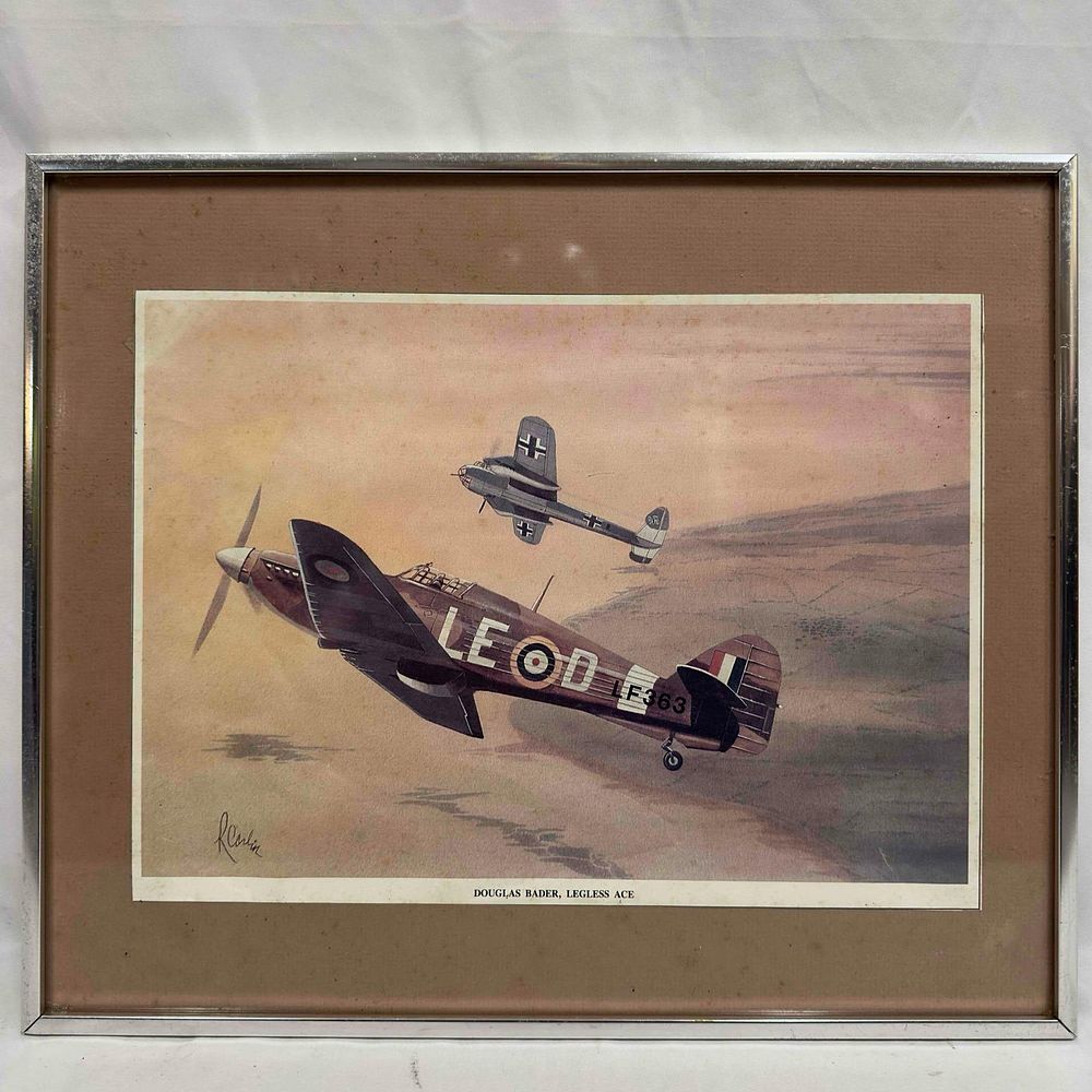 Lot 364: Framed Battle of Britain Douglas Bader Legless Ace Hawker Hurricane Plane Art Print