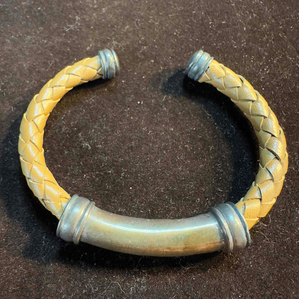 Lot 370: Espo Tan Braided Leather Sterling Cuff Bracelet Joseph Esposito A72