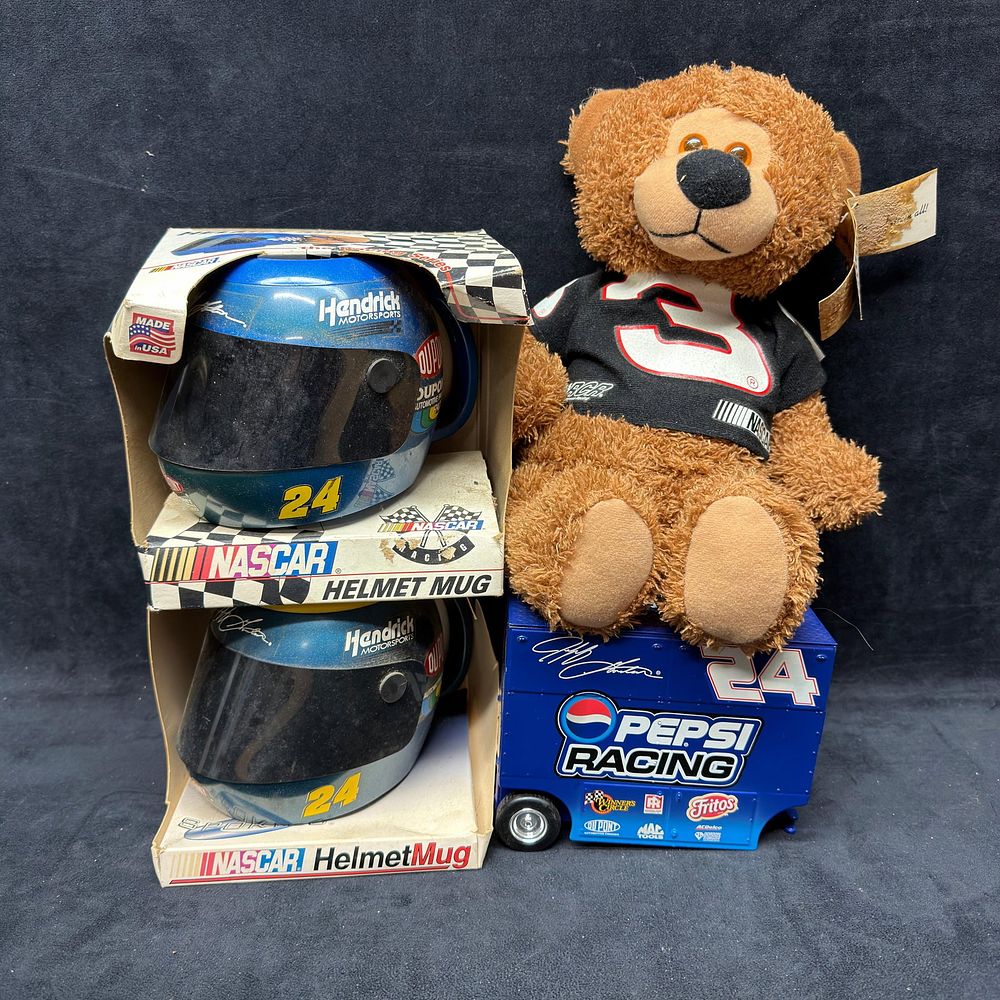 Lot 400: NASCAR Collectibles Lot Bear Pepsi Coin Bank Helmet Mugs