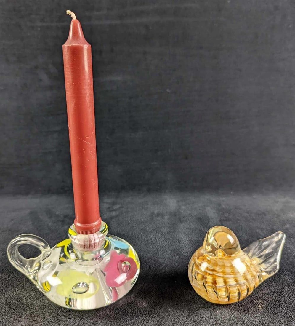 Lot 475: Vintage Joe St Clair Glass Candle Holder & Bird