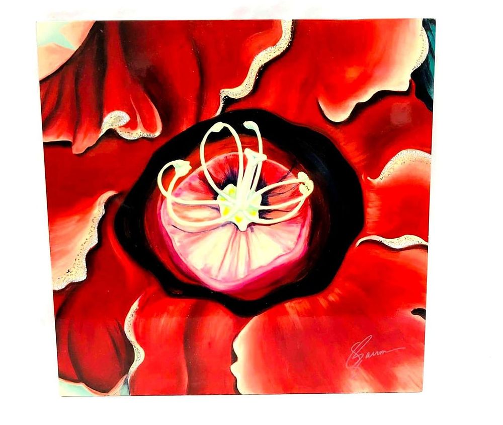 Lot 162: Signed Acrylic & Stone On Wood Lacquer Flower Wall Art