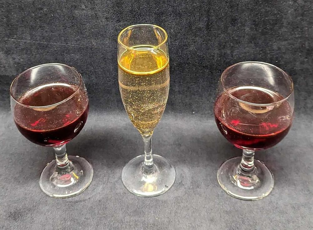 Lot 166: 3 Vintage Red Champagne Wine Glass Bottles Prop