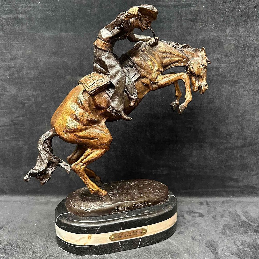 Lot 205: After Fredrick Remington Bronze Sculpture Bronco Buster Statue Cowboy Western Horse Artwork