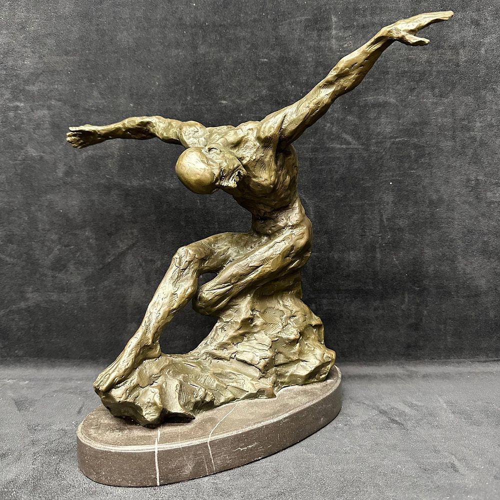 Lot 206: Signed Bronze Sculpture by Milo Abstract Nude Male Figure on Marble Base