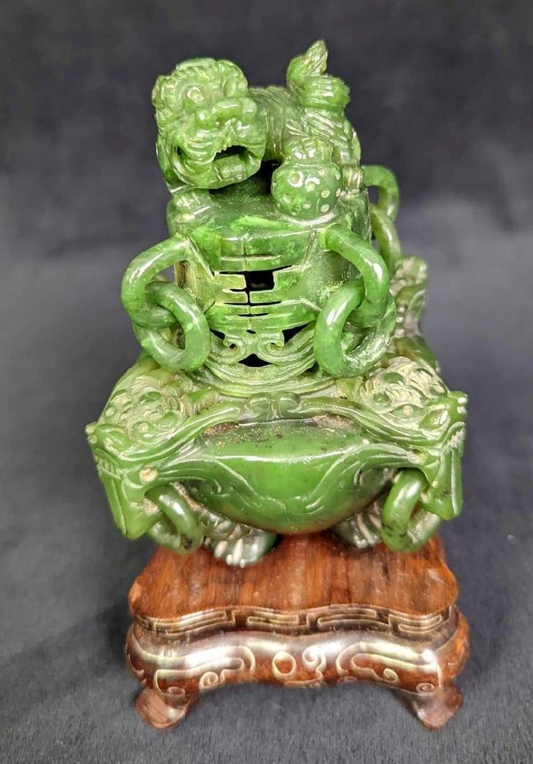 Lot 212: Vintage Jade Foo Dog Incense Burner