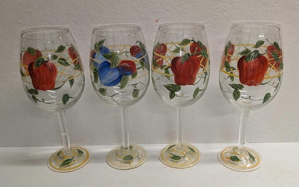 Lot 261: 4 Hand Painted Wine Glasses With Fruit Designs B