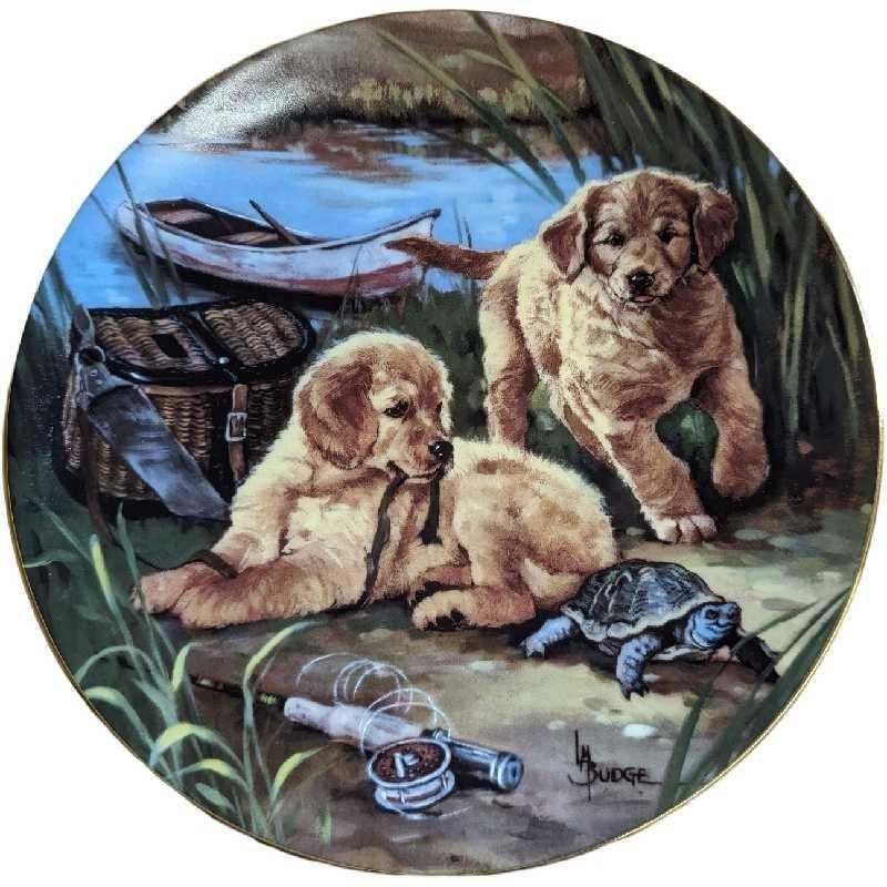 Lot 266: Linda Budge Fishing For Dinner Golden Puppy Plate