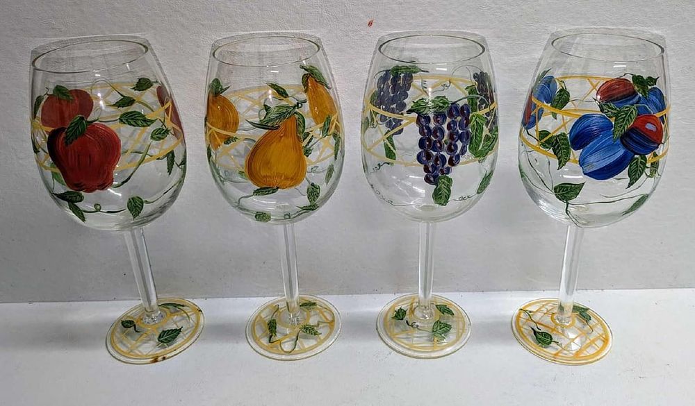 Lot 321: 4 Hand Painted Wine Glasses With Fruit Designs C
