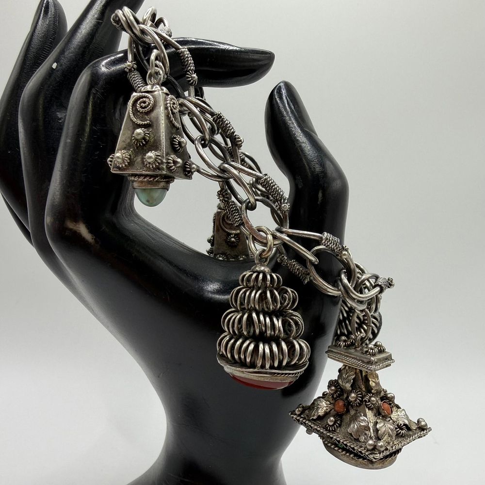 Lot 322: Etruscan Revival Style 800 Silver Silverwork Charm Stone Accents Bracelet ER59