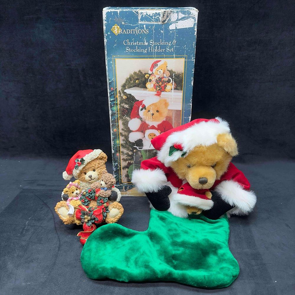 Lot 347: Traditions Christmas Teddy Bear Plush Mantel Hook Stocking Holder Hanger Set
