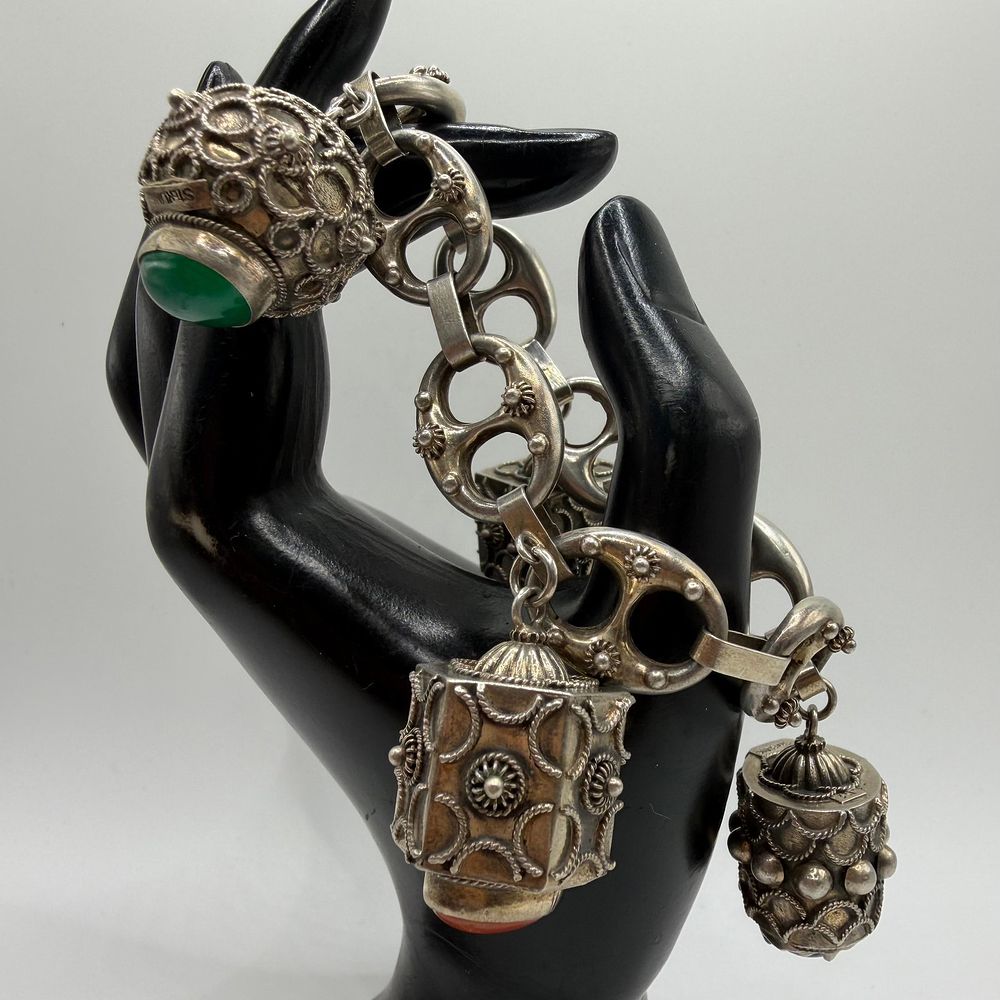Lot 388: Four Fob Charm Natural Stone Accent Sterling Silver Bracelet ER44
