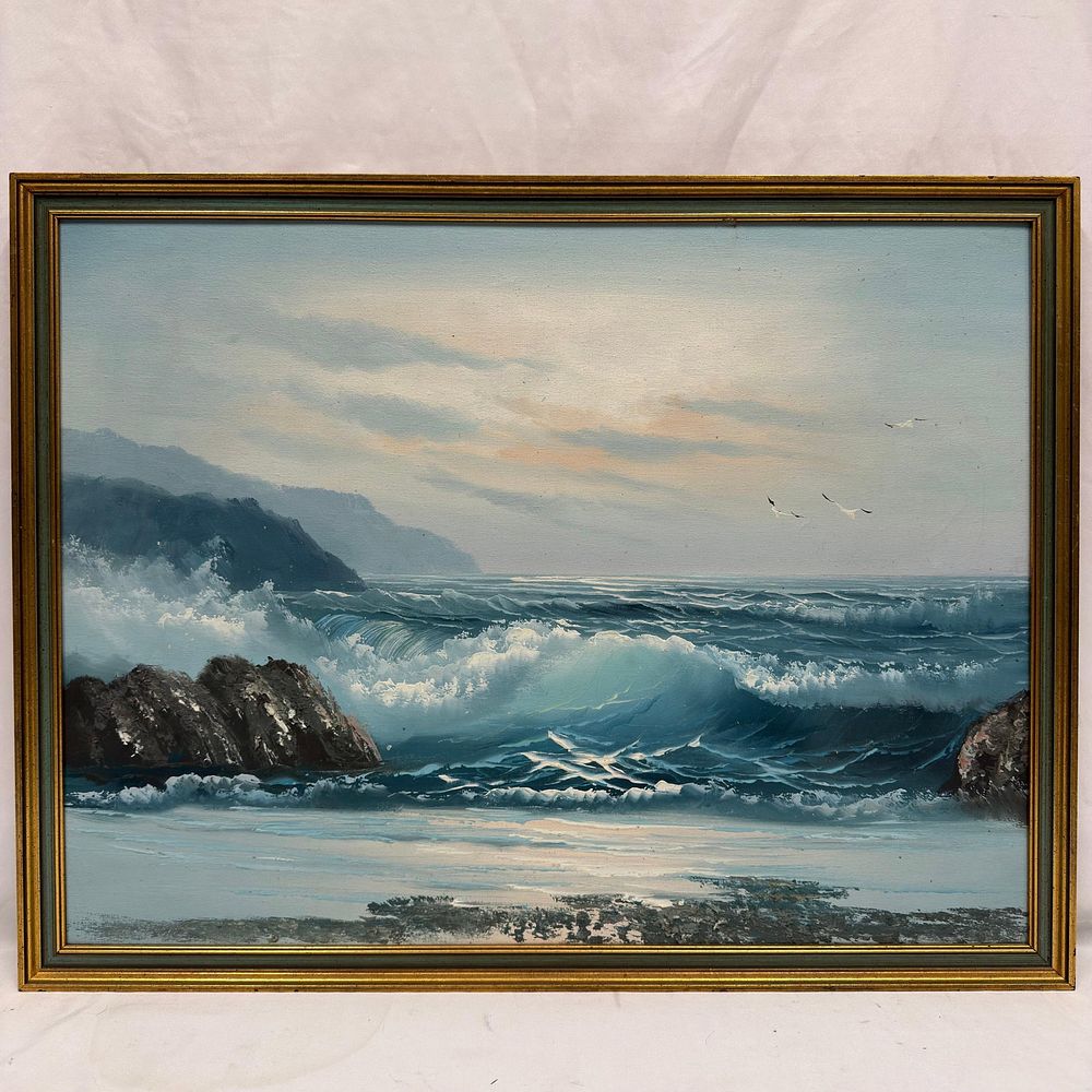 Lot 394: Coastal Seascape Oil Painting on Canvas Unsigned Unknown Artist