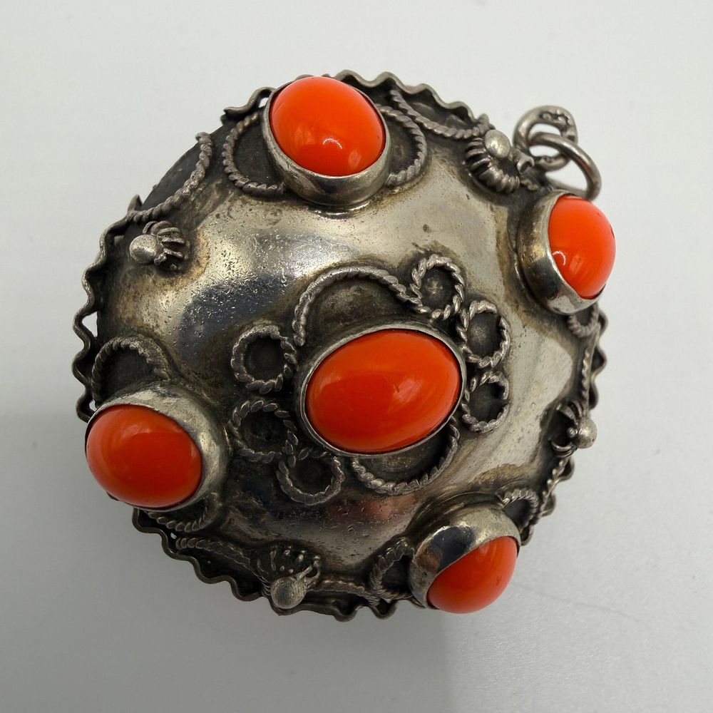 Lot 473: Silver 800 Orange Accent Cabochons Charm Filigree Floral Motif ER61