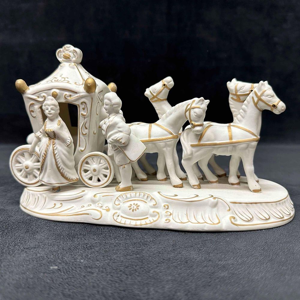 Lot 482: Bisque Carriage W Lady and Horses Figurine White Porcelain Repaired