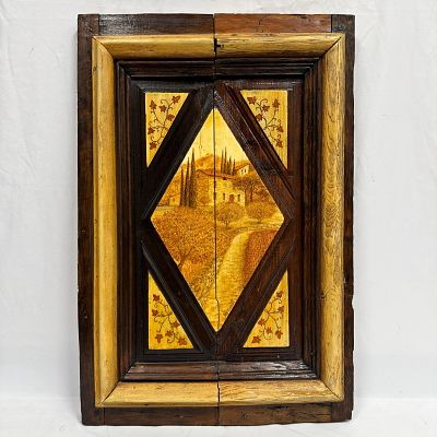 Gilles Du Genet Signed Rustic Wood Panel Landscape Artwork Geometric Design. Original signed 