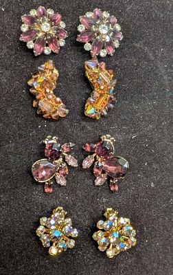 Vintage Rhinestone AB Crystal Gold Tone Clip On Earrings Lot Of 4. This lot includes: 
(1) Pair 
