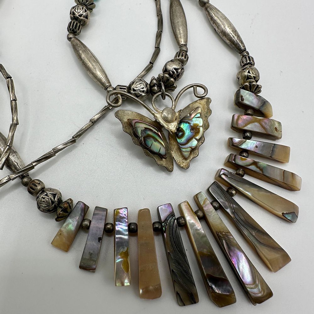 Lot 153: Native Style Silver Turquoise And Abalone Shell Necklace Butterfly Pendant
