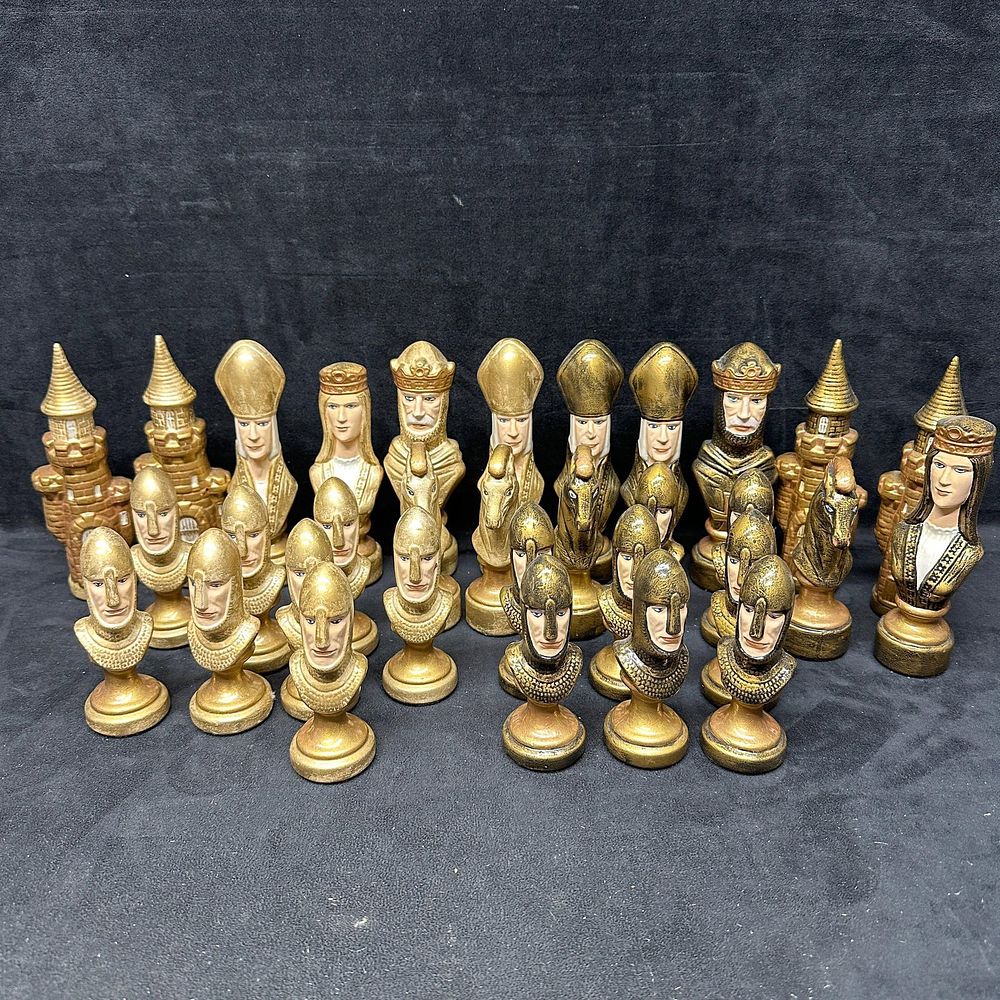 Lot 158: Medieval Camelot Style Figural Chess Piece Set Light Gold and Dark Bronze Tone