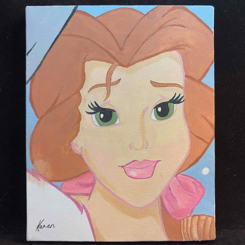 Lot 169: Belle Inspired Portrait Painting by Karen Hand Painted Canvas Signed Bright Soft Colors Whimsical