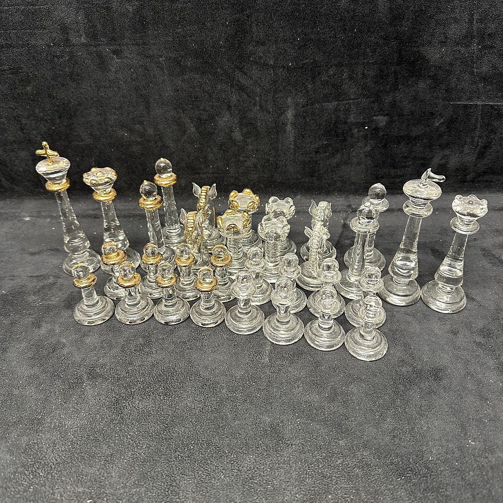 Lot 170: Glass Chess Set with Gold Tone Accents Complete 32 Pieces