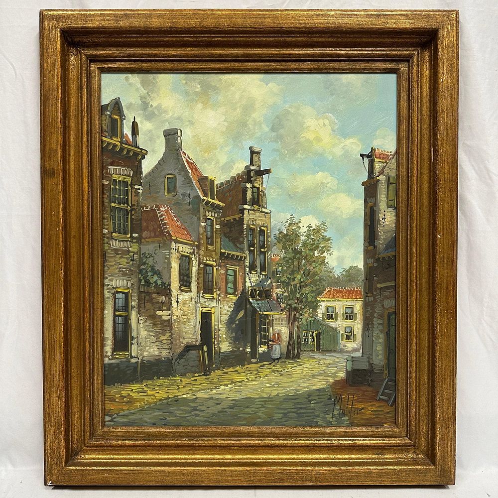Lot 180: Signed Muliler European Street Scene Oil Painting Framed