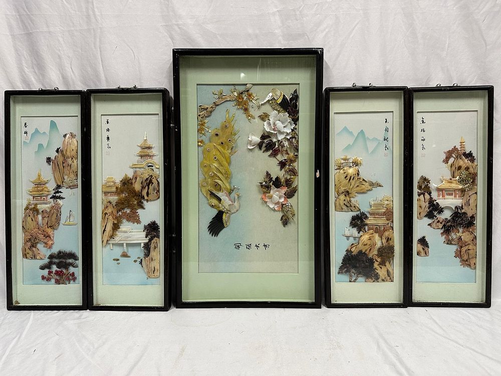 Lot 183: Chinese Hardstone Shell Art Wall Panels Set of Five Framed