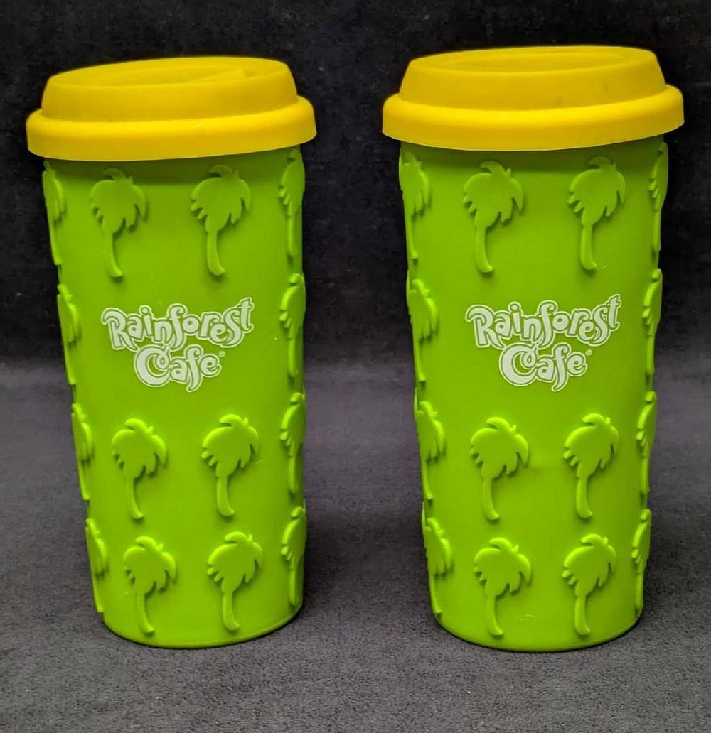 Lot 192: 2 Rainforest Cafe Silicone Grip Palm Tree Coffee Tumblers B