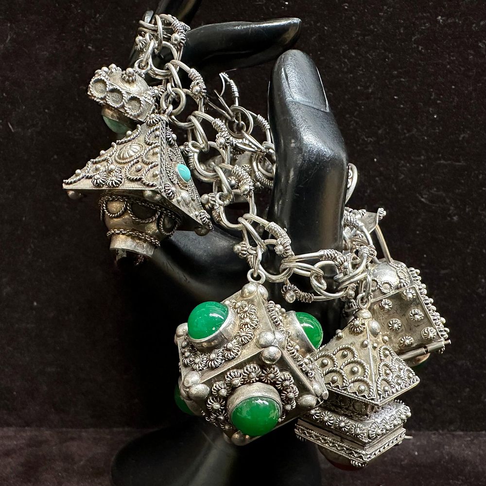 Lot 197: Italian Etruscan Revival Style Chunky Fob and Locket Stone Amber Lapis Multi Charm Silver Bracelet