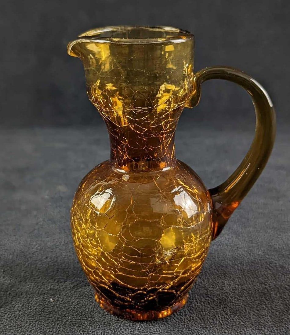 Lot 213: Vintage Amber Crackle Glass Small Pitcher Vase