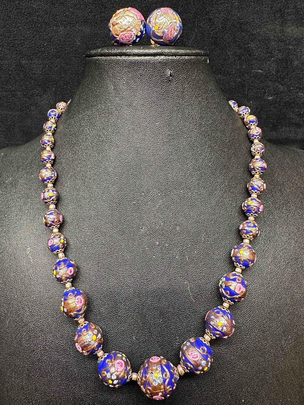 Lot 268: Murano Venetian Lamp Work Glass Dark Blue Copper Accents Beaded Floral Necklace and Earrings Set F17