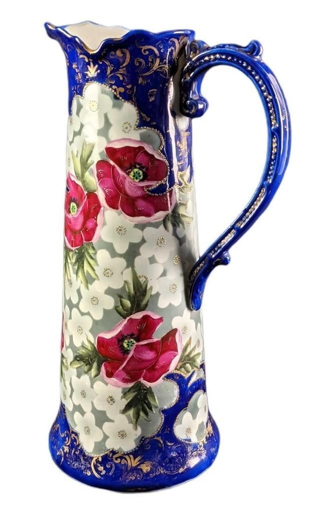 Lot 284: Antique Victorian Ewer Water Pitcher Cobalt Blue With Flowers