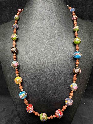 Murano Venetian Lamp Work Art Glass Multi Colored Floral Copper Design Round Bead Long Necklace F3. 