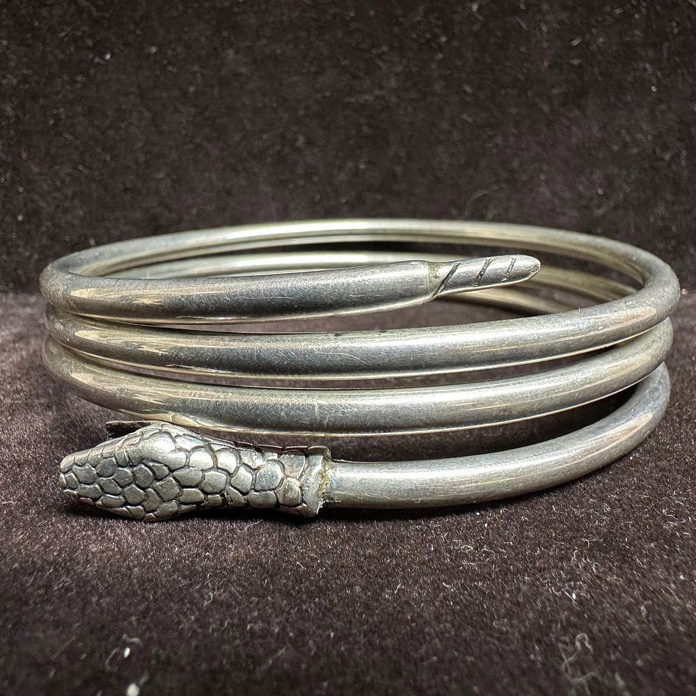 Lot 299: Sterling Silver Coiled Snake Bangle Bracelet Victorian Era Style L48