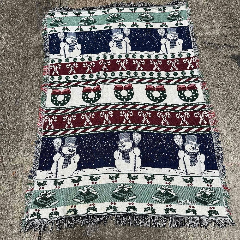 Lot 304: 1996 Christmas Holiday Woven Throw Blanket with Snowman and Wreath Design