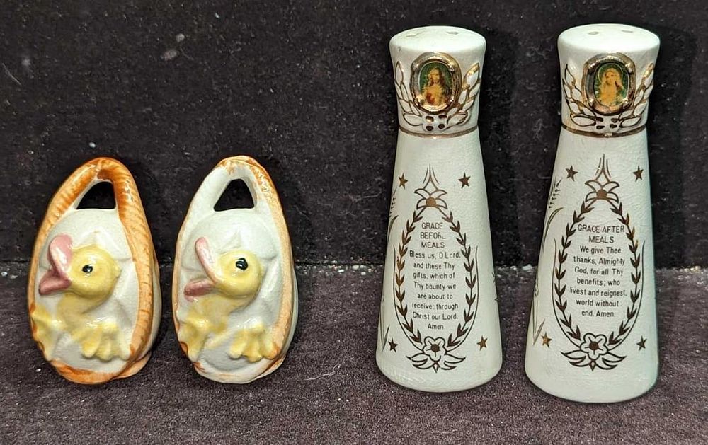 Lot 351: Vintage Easter Basket & Grace Prayers Salt & Pepper Shakers