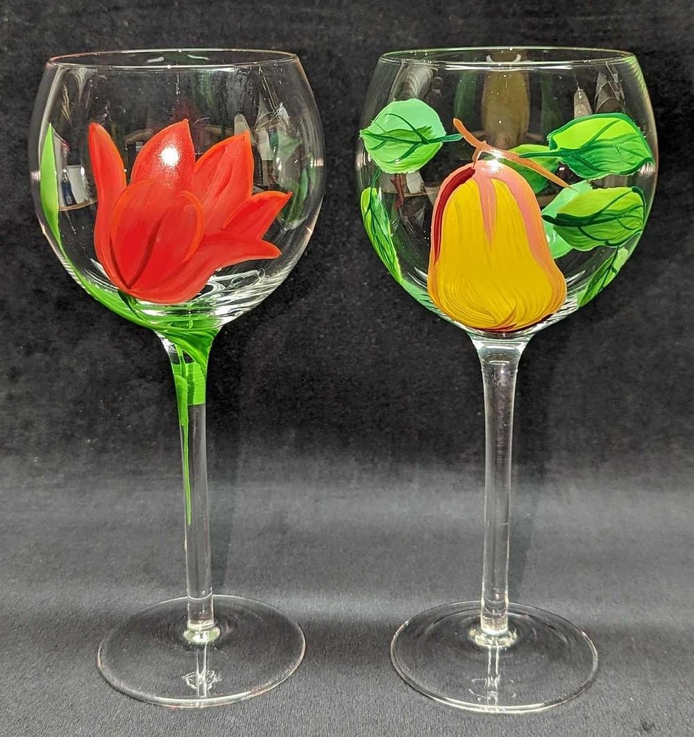 Lot 354: 2 Tall Stem Hand Painted Fruit Flowers Wine Glasses
