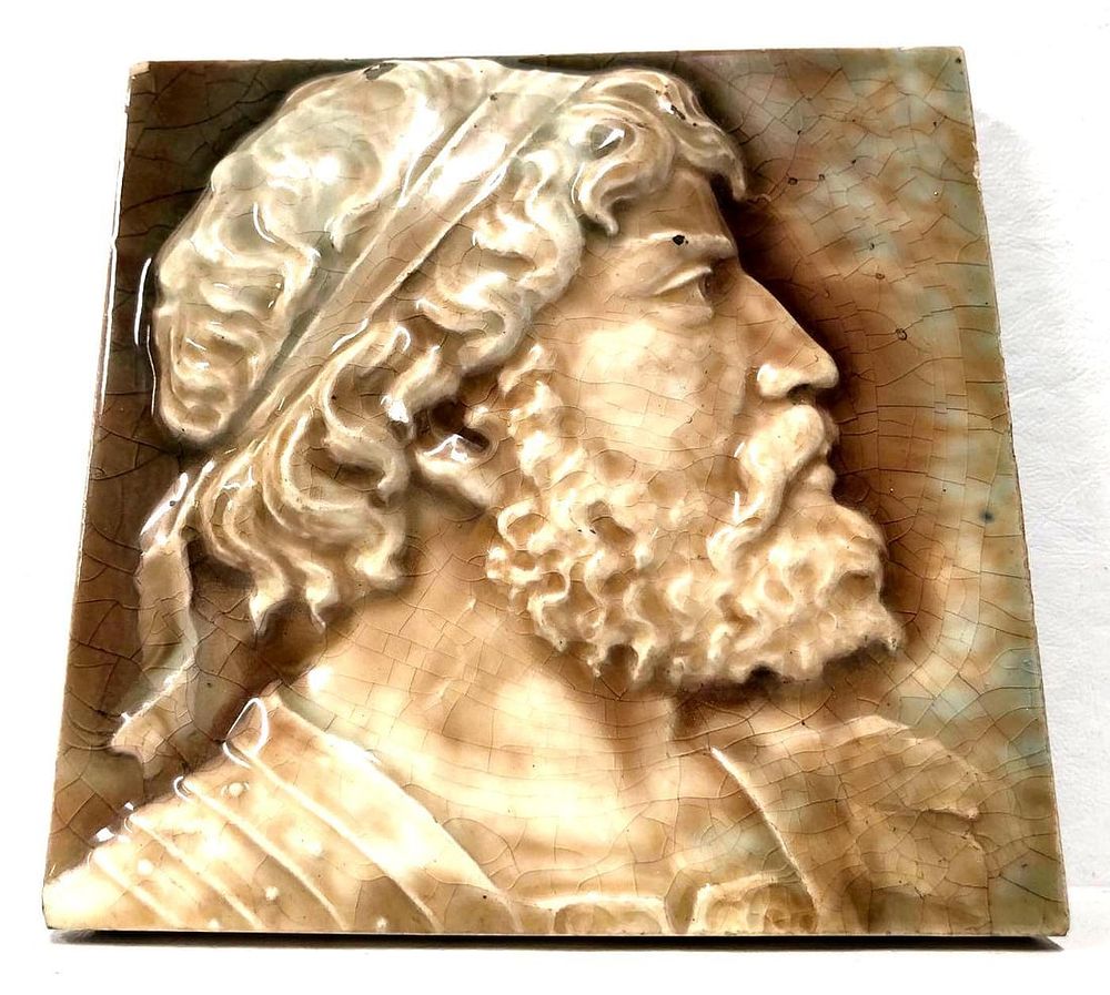 Lot 358: Vintage High Relief Tile Wall Hanging - Art Pottery Glazed Portrait Tile