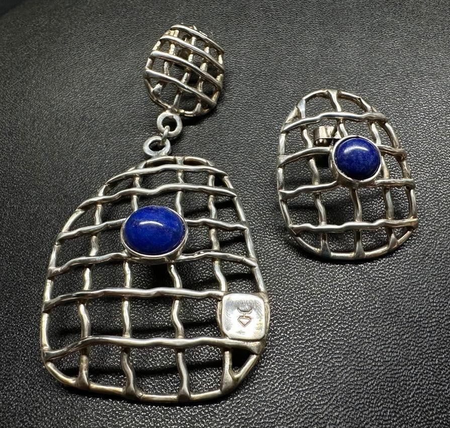 Lot 362: Large Asymmetric Silver Lapis Earrings