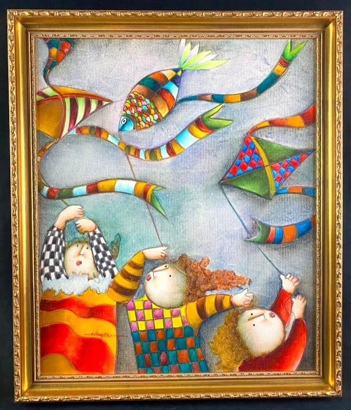 Lot 390: J. Roybal Kids Flying Kites Print On Canvas