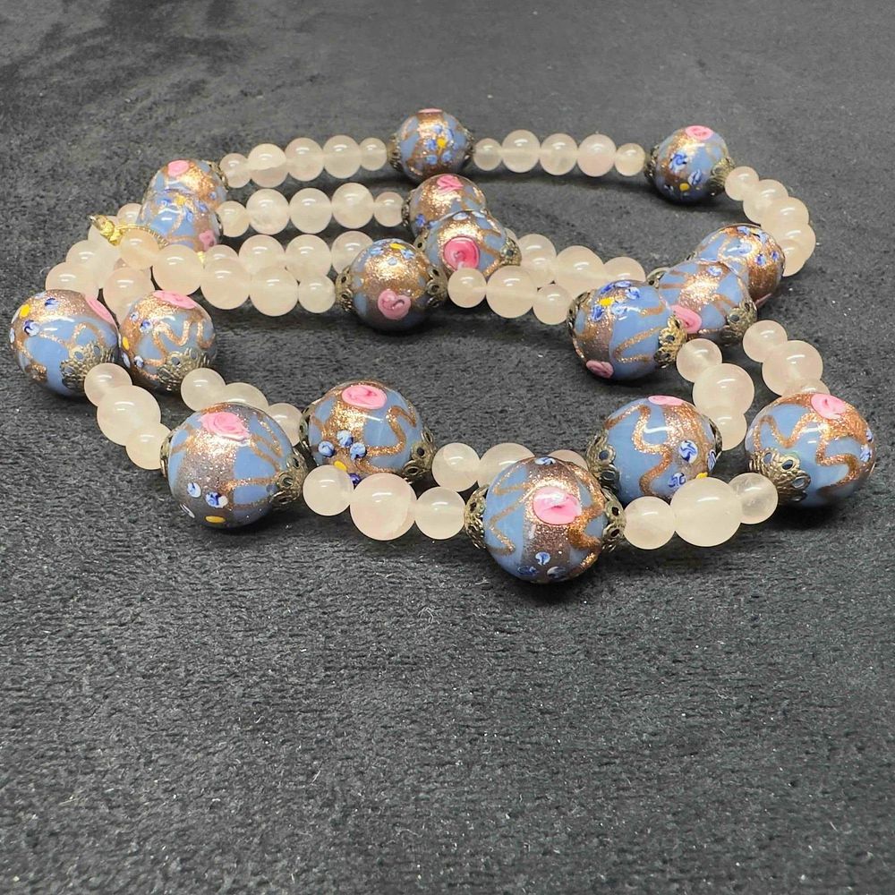 Lot 398: Venetian Murano Lamp Work Art Glass Floral Blue Bead Clear Beaded Accents Long Necklace B92